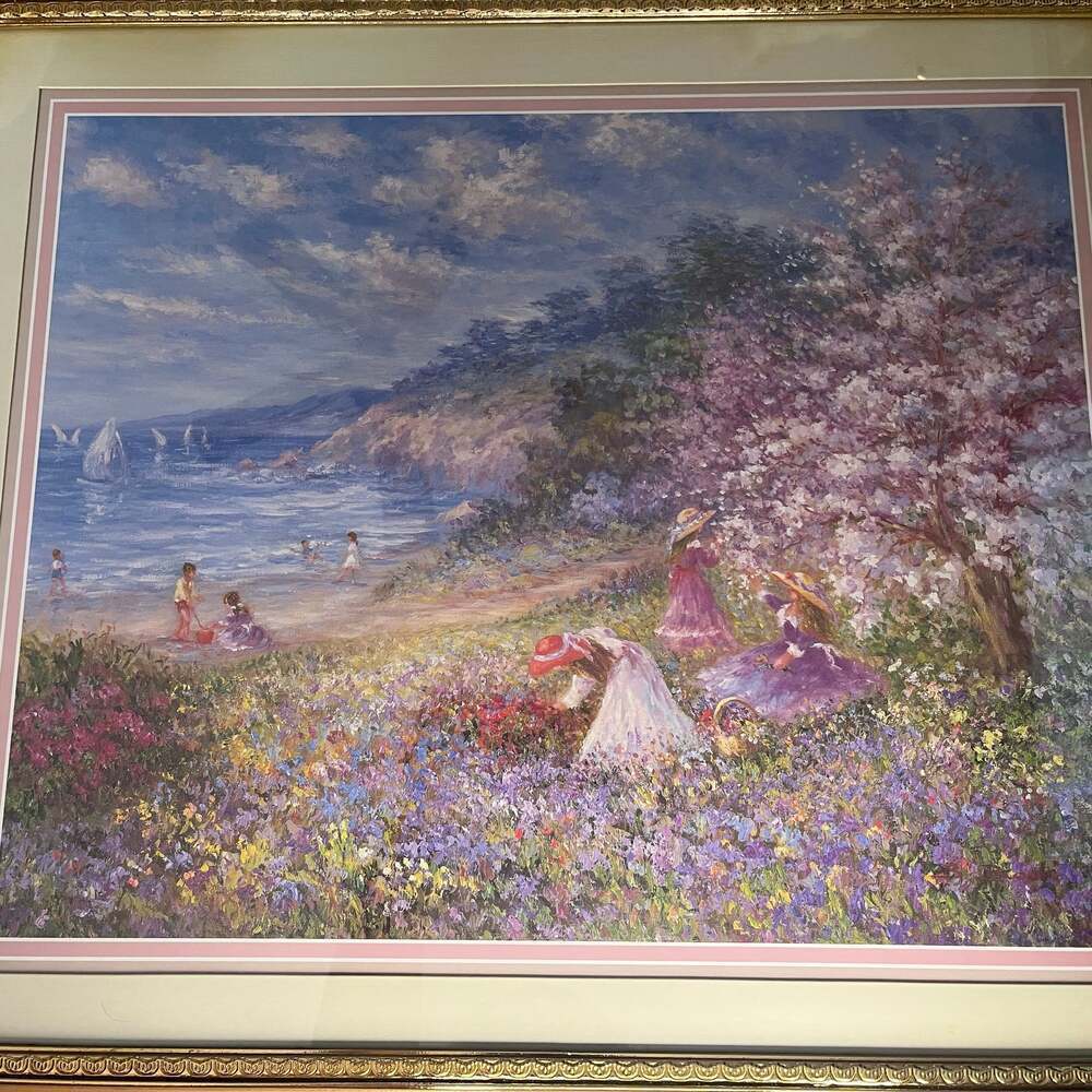 Kids playing on the  beach beautiful florals, PINK & GOLD FRAME. 27.5" X 23.5"